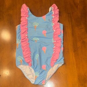 Little Magnolia by Southern Smocked Co. Blue Swimsuit with Pink Ruffles- 10